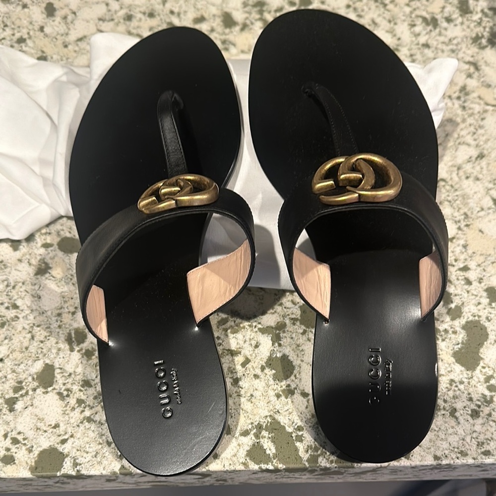 Gucci Black and Gold Sandals with Textured Upper